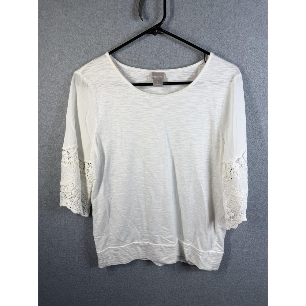 Chicos Shirt Womens Small (Chicos 0) White Crochet Bell Sleeve 3/4 Scoop Neck‎